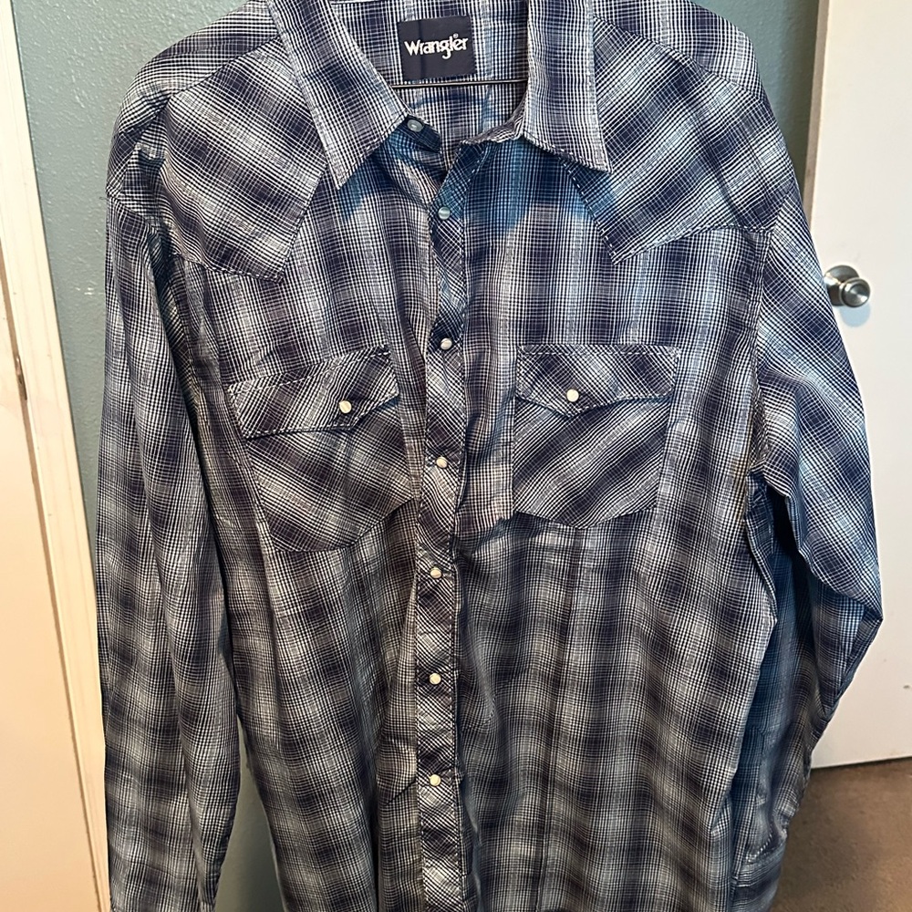 Wrangler Men's Blue and White Plaid Snap Button Shirt Size XXL